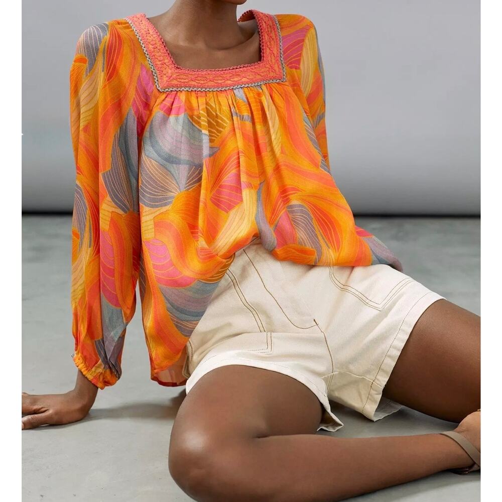 Anthropologie Blank Tessa Embroidered Square Neck Lined Blouse,Size M - Picture 2 of 5